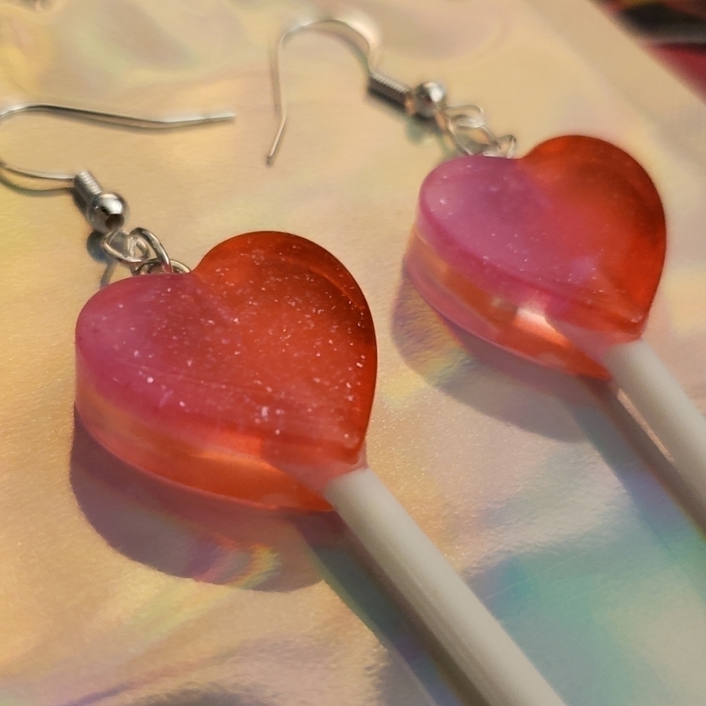 Handmade Pink Red Ombre Glitter Resin Heart Lollipop Dangle Earrings - Picture 2 of 4
